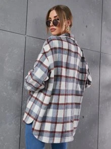 SHEIN Essnce 格紋圖案翻蓋口袋落肩袖花呢外套 - 彩色 - 查看 2