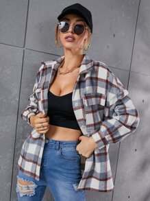 SHEIN Essnce 格紋圖案翻蓋口袋落肩袖花呢外套 - 彩色 - 查看 3