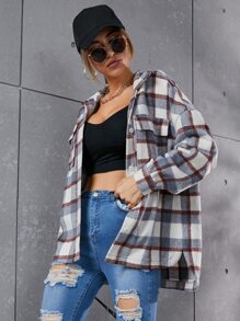 SHEIN Essnce 格紋圖案翻蓋口袋落肩袖花呢外套 - 彩色 - 查看 4