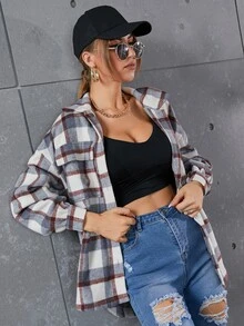 SHEIN Essnce 格紋圖案翻蓋口袋落肩袖花呢外套 - 彩色 - 查看 5