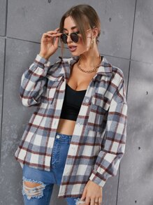 SHEIN Essnce 格紋圖案翻蓋口袋落肩袖花呢外套 - 彩色 - 查看 6