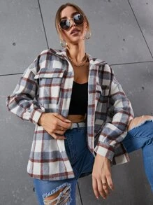 SHEIN Essnce 格紋圖案翻蓋口袋落肩袖花呢外套 - 彩色 - 查看 7