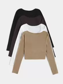 SHEIN Unity 4 piezas Camiseta de cuello scoop tejida de canalé - Multicolor - Ver 2