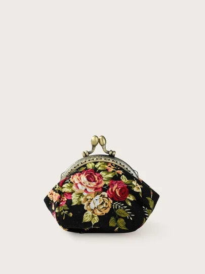 1 pièce Porte-monnaie en canevas rétro à fleurs éparpillées pour femmes, pochette de rangement pour bijoux et pièces de monnaie