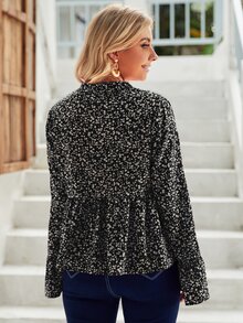 小碎花缺口領荷葉袖荷葉邊下擺襯衫 - 黑色 - 查看 2