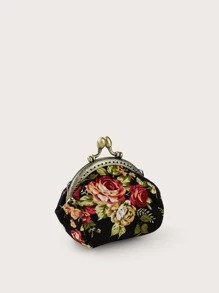 1 chiếc ví đựng tiền xu bằng vải canvas cổ điển họa tiết hoa nhỏ xinh dành cho nữ, túi đựng đồ trang sức và tiền xu - màu đen - Xem 2