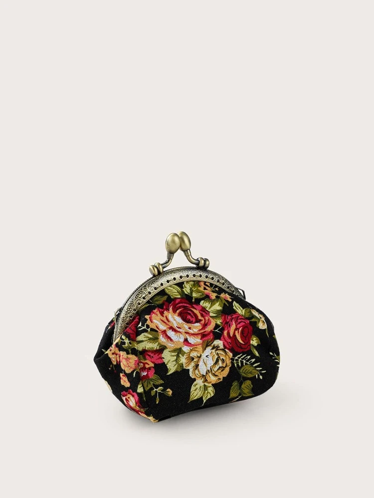 1pc Women Retro Canvas Ditsy Floral Snap Coin Purse, Jewelry & Coin Storage Pouch