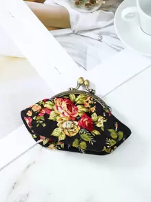 1 chiếc ví đựng tiền xu bằng vải canvas cổ điển họa tiết hoa nhỏ xinh dành cho nữ, túi đựng đồ trang sức và tiền xu - màu đen - Xem 3