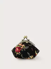 1 chiếc ví đựng tiền xu bằng vải canvas cổ điển họa tiết hoa nhỏ xinh dành cho nữ, túi đựng đồ trang sức và tiền xu - màu đen - Xem 5
