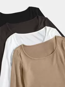 SHEIN Unity 4 piezas Camiseta de cuello scoop tejida de canalé - Multicolor - Ver 5