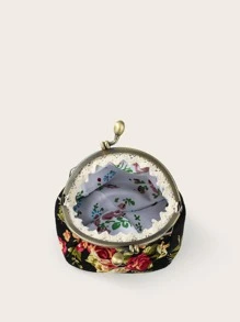 1 chiếc ví đựng tiền xu bằng vải canvas cổ điển họa tiết hoa nhỏ xinh dành cho nữ, túi đựng đồ trang sức và tiền xu - màu đen - Xem 6