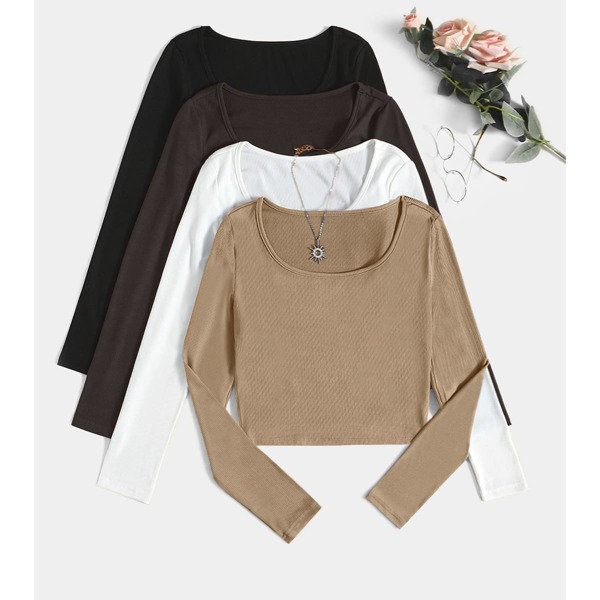 

4pcs Scoop Neck Ribbed Knit Tee, Multicolor