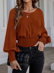 EMERY ROSE Áo sơ mi nữ viền lá sen Dải chun màu trơn Thanh lịch - Rỉ Nâu - Xem 1