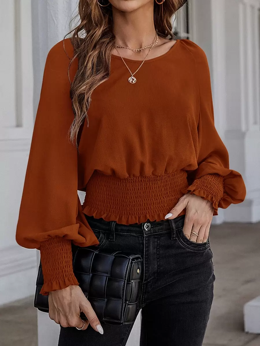 EMERY ROSE Áo sơ mi nữ viền lá sen Dải chun màu trơn Thanh lịch - Rỉ Nâu - Xem 1