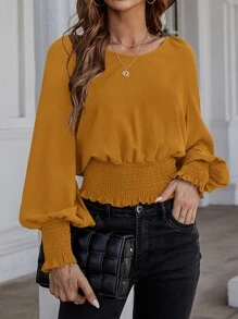 SHEIN Clasi Solid Bishop Sleeve Shirred Blouse - Mustard Yellow - View 1