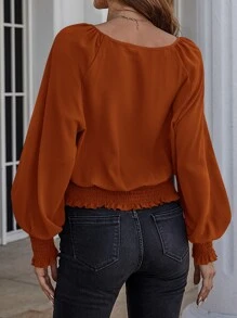 EMERY ROSE Áo sơ mi nữ viền lá sen Dải chun màu trơn Thanh lịch - Rỉ Nâu - Xem 2