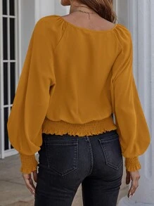 SHEIN Clasi Solid Bishop Sleeve Shirred Blouse - Mustard Yellow - View 2