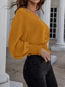 SHEIN Clasi Solid Bishop Sleeve Shirred Blouse - Mustard Yellow - View 3
