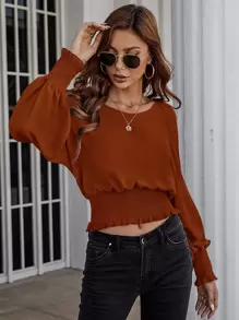 EMERY ROSE Áo sơ mi nữ viền lá sen Dải chun màu trơn Thanh lịch - Rỉ Nâu - Xem 3