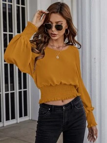 SHEIN Clasi Solid Bishop Sleeve Shirred Blouse - Mustard Yellow - View 4