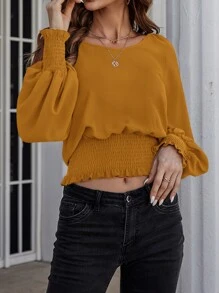 SHEIN Clasi Solid Bishop Sleeve Shirred Blouse - Mustard Yellow - View 5