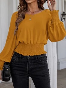 SHEIN Clasi Solid Bishop Sleeve Shirred Blouse - Mustard Yellow - View 6