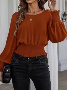 EMERY ROSE Áo sơ mi nữ viền lá sen Dải chun màu trơn Thanh lịch - Rỉ Nâu - Xem 6