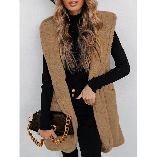 

Solid Hooded Teddy Vest Coat, Camel