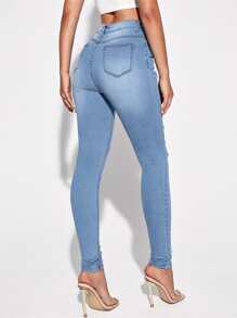 SHEIN Essnce 破洞緊身牛仔褲 - 淺色水洗藍 - 查看 3