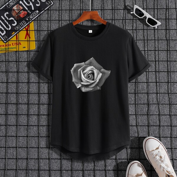 

Men Floral Print Round Neck Tee, Black