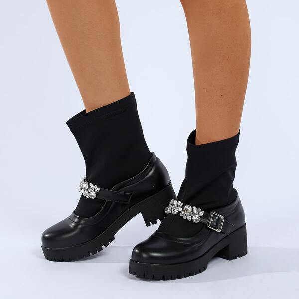 

Rhinestone & Buckle Decor Sock Boots, Black