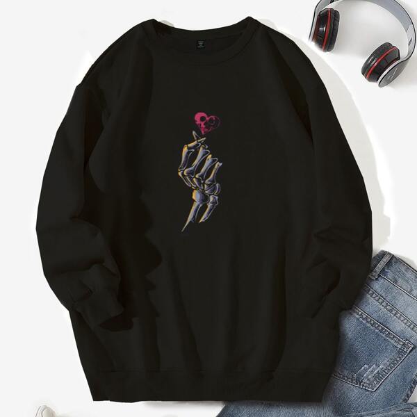 

Plus Skull And Heart Print Drop Shoulder Sweatshirt, Black