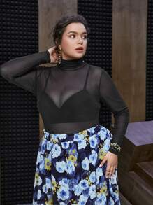 SHEIN Privé áo nữ kích thước lớn cắt màu trơn Gợi cảm - màu đen - Xem 7