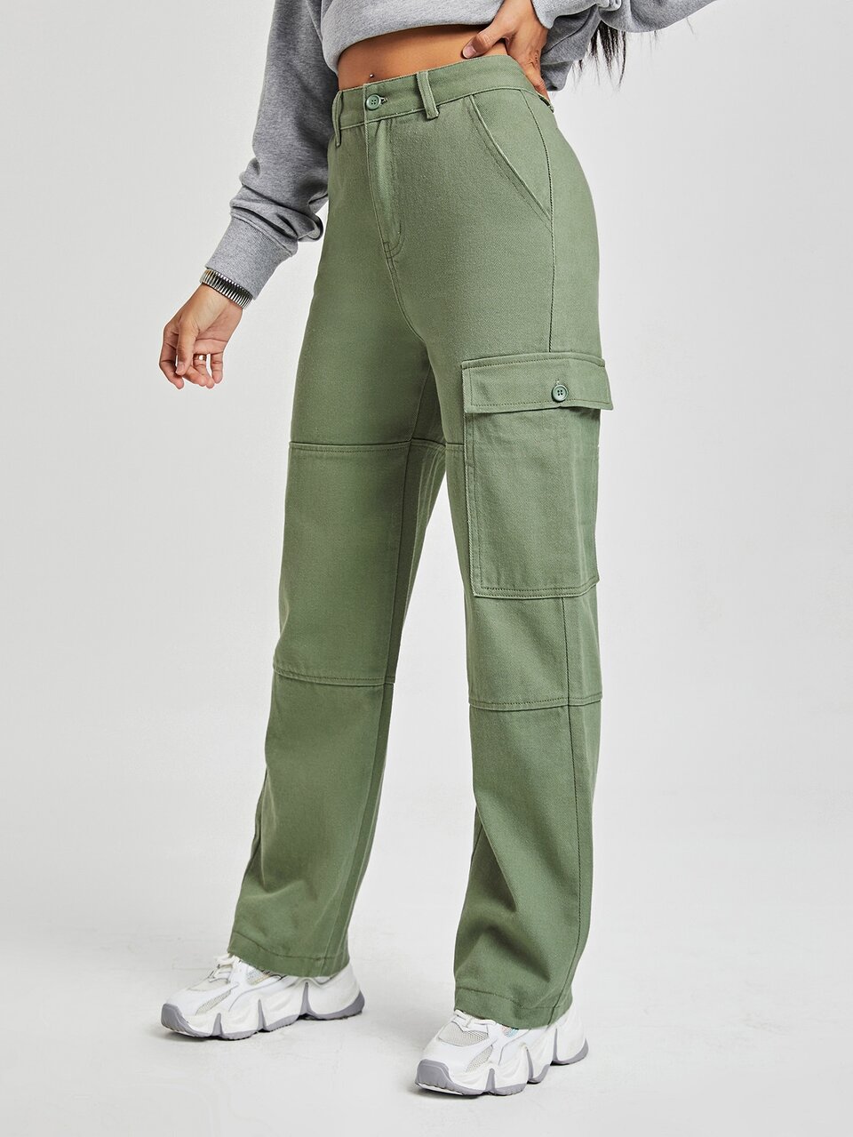 High Waist Leg Straight Leg Cargo Jeans
