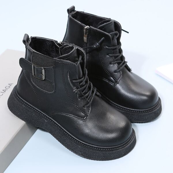 

Girls Buckle Decor Lace Up Design Side Zipper Combat Boots, Black