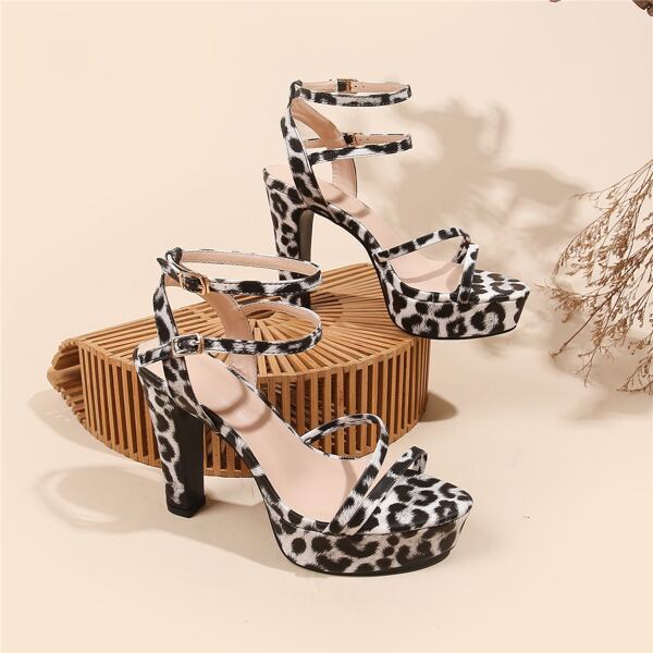 

Allover Leopard Heeled Ankle Strap Sandals, Black and white