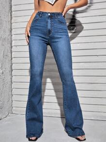 SHEIN ICON 斜口袋牛仔喇叭褲 - 中等水洗藍 - 查看 4