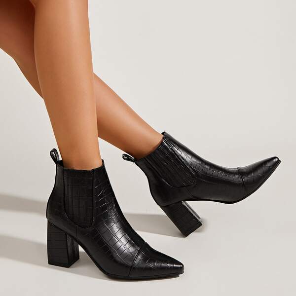 

Crocodile Embossed Chunky Heeled Chelsea Boots, Black
