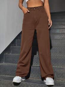 SHEIN EZwear 斜口袋高腰男友牛仔褲 - 棕色 - 查看 4