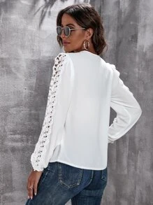 Guipure Lace Bishop Sleeve Blouse - White - View 2