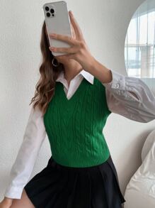 Chiquease Solid Cable Knit Sweater Vest Without Blouse - Green - View 3