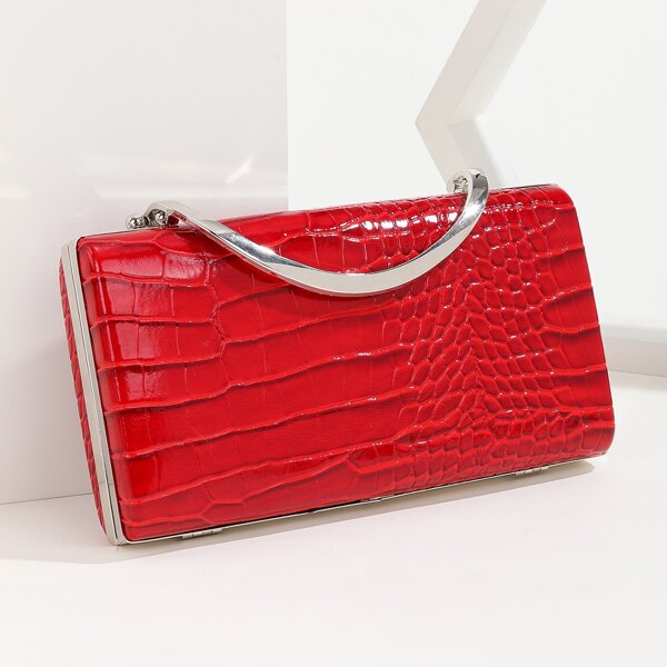 

Crocodile Embossed Top Handle Box Bag, Red
