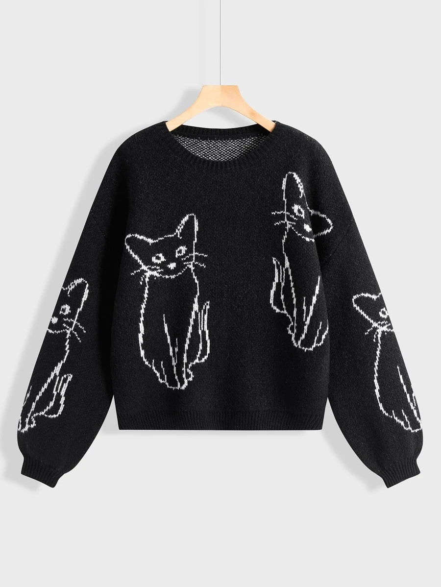 SHEIN Unity 貓樣式落肩袖套頭毛衣 - 黑色 - 查看 1