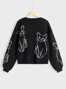 SHEIN Unity 貓樣式落肩袖套頭毛衣 - 黑色 - 查看 2