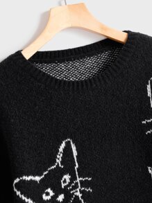 SHEIN Unity 貓樣式落肩袖套頭毛衣 - 黑色 - 查看 4