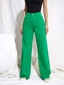 SHEIN EZwear 復古90年代高腰牛仔男友合身牛仔褲 - 綠色 - 查看 5