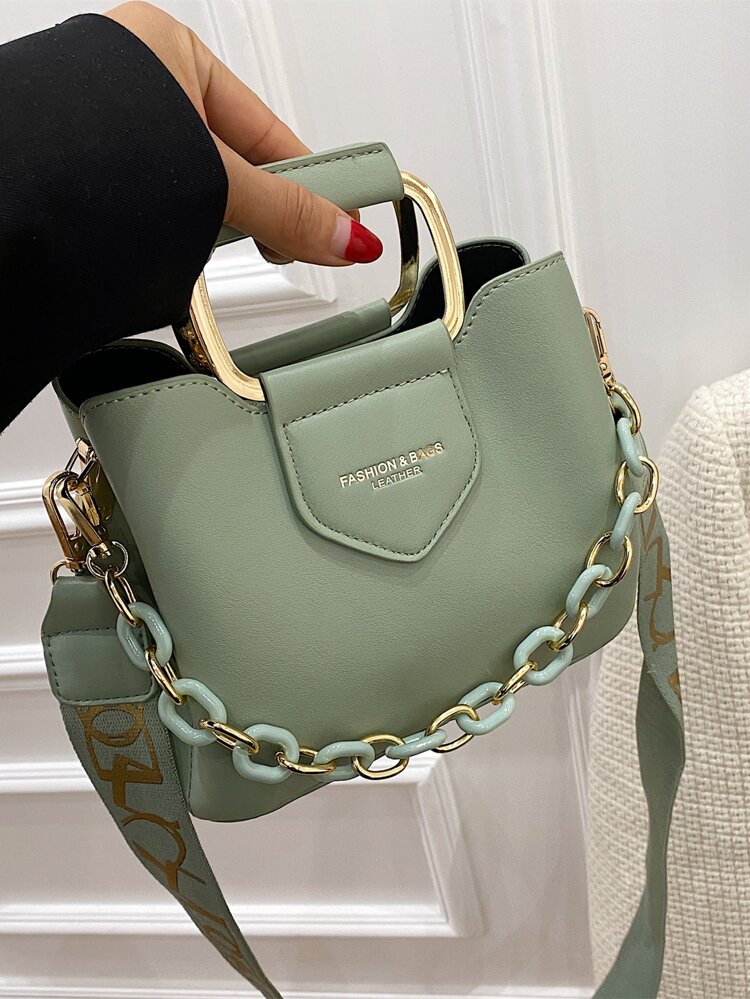 CONTAINEVERY Mini Letter Graphic Chain Decor Bucket Bag, Business Casual Women Bag, Perfect For Office, Business And Work