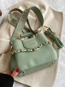 CONTAINEVERY 迷你字母图案链条装饰水桶包，商务休闲女包，非常适合办公室、商务和工作 - 綠色 - 查看 2