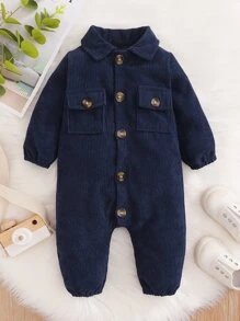 男嬰素色翻蓋口袋襯衫連體褲 - 藏蓝色 - 查看 1