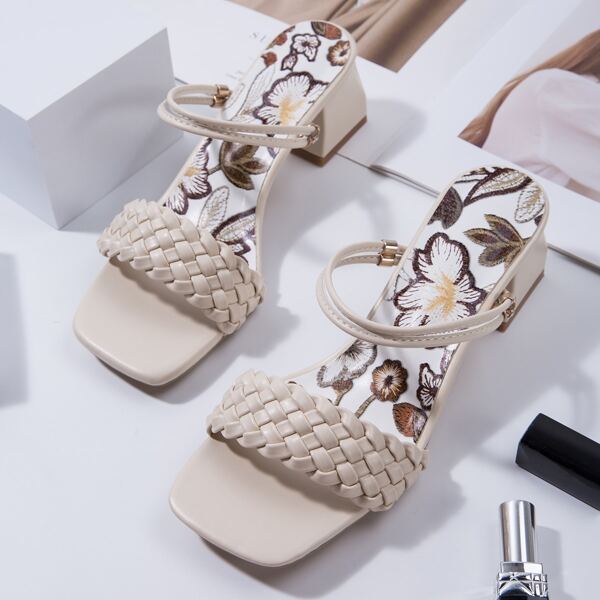 

Braided Design Chunky Heeled Mules, Apricot